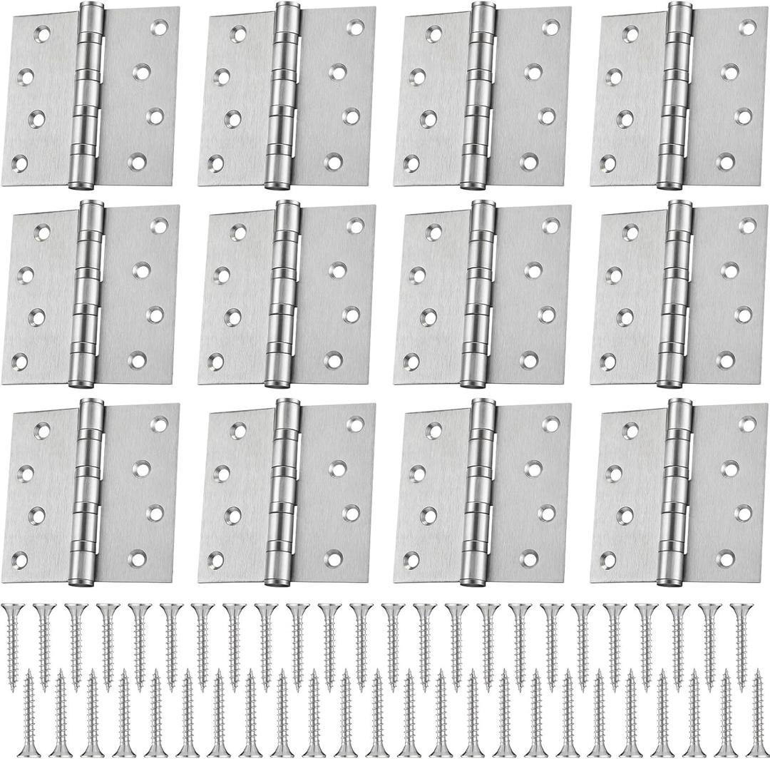 12 Pcs 4'' Ball Bearing Door Hinges Stainless Steel Heavy Duty Hinges 4 x 4 Inch Exterior Door Hinges with Square Corners (Silver)