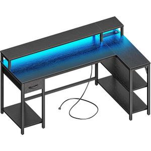 SUPERJARE 53 inch L Shaped Gaming Desk with LED Lights & Power Outlets, Reversible Computer Desk with Shelves & Monitor Stand, Corner Desk with Drawer, for Home & Office, Black