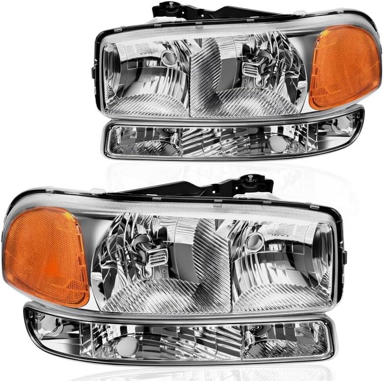 DWVO Headlights Assembly Compatible with 1999-2006 GMC Sierra 1500/2500, 07 Sierra 1500/1500HD/2500HD/3500 Classic, 00-06 GMC Yukon/Yukon XL Headlamp Amber Reflector Clear Lens Chrome Housing