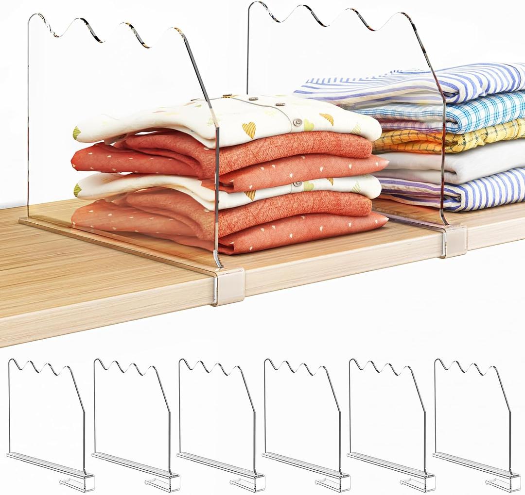 SPACEKEEPER Shelf Dividers for Closet Organization, Clear Closet Shelf Divider for Clothes Purses Separators, Wood Shelves Organizer for Bedroom, Kitchen, Office, Cabinets, Bathroom, 6 Pack