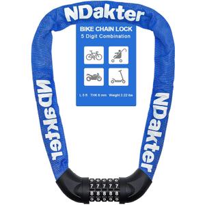 NDakter Bike Chain Lock, 5 Digit Combination Heavy Duty Anti Theft Bicycle Chain Lock,2.62/3.2/4.27/5/6Ft Long Security Resettable Bike Locks for Bike, Bicycle, Scooter, Door, Gate, Fence-4/6mm Thick (Blue)