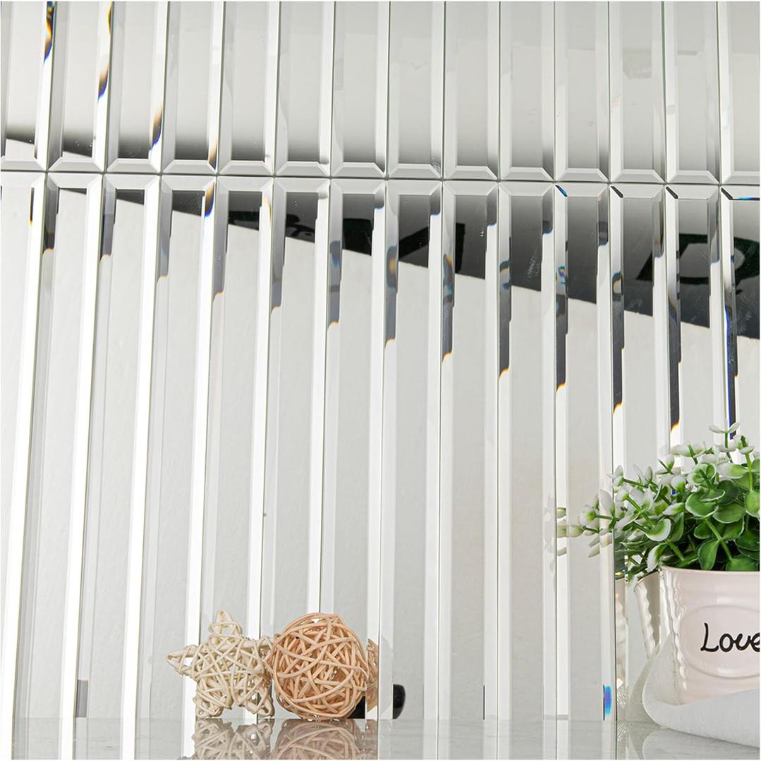 Lovdeco Peel and Stick Mirror Strip Tile, 1.2 x 12 Inches Mirror Tiles for Kitchen Backsplash and Bathroom Wall (5 Pieces, 5 SQ.FT.) (Silver)