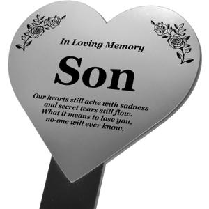 Son Heart Memorial Remembrance Plaque Stake - Metallic SILVER/GOLD Acrylic, Waterproof, Outdoor, Grave Marker, Tribute, Plant Marker. Shipped Globally. (Silver)