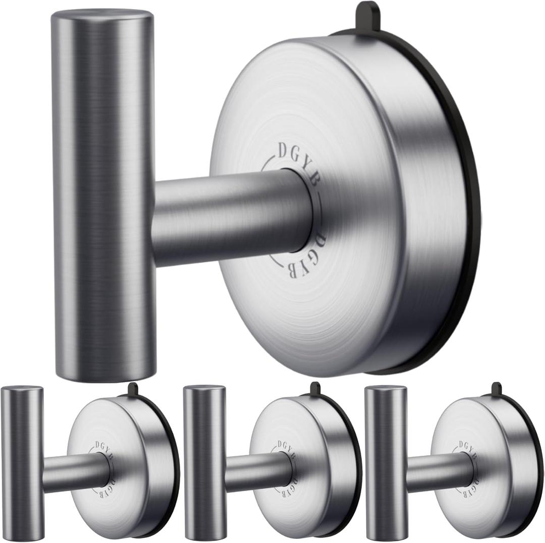 DGYB Large Suction Cup Hooks for Shower Set of 4 - Brushed Nickel Towel Hooks for Bathrooms - Stainless Steel Removable Wall Hooks - 15 Lb Heavy Duty Hanging
