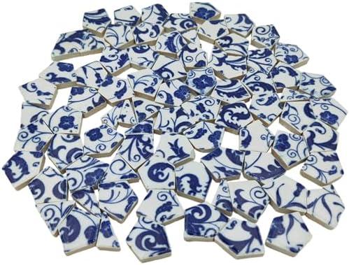 1.1lb Irregular Ceramic Porcelain Tiles for Crafts, Broken Blue and White China Plate Mosaic Tiles (Medium 11)