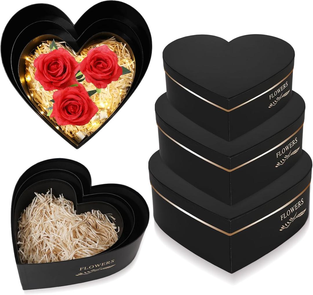 Glenmal 3 Pcs Mother's Day Heart Shaped Gift Boxes with Lids 100g Shredded Paper Fill Nesting Heart Flower Boxes for Wedding Birthday Baby Showers Present Packaging(Black)