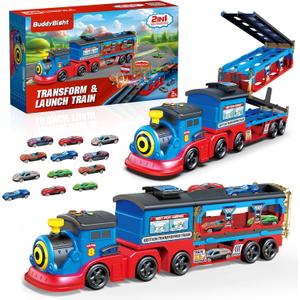 Train Set for Toddlers 2-4, Carrier Toy Trucks w/54 Inch Foldable Race Track, 12 Diecast Cars Toys Compatible with Hot Wheel, Train Set for Kids Ages 4-8 w/Light & Sound, Trains Gift for Boys Girls 3+