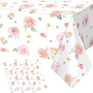 3 Pcs Spring Floral Tablecloth, Pink Wildflower Plastic Disposable Tablecloth Rectangle Table Covers for Easter, Birthday, Wedding, Baby Shower, Tea Party and Mothers Day Decorations,54 x 108 Inch