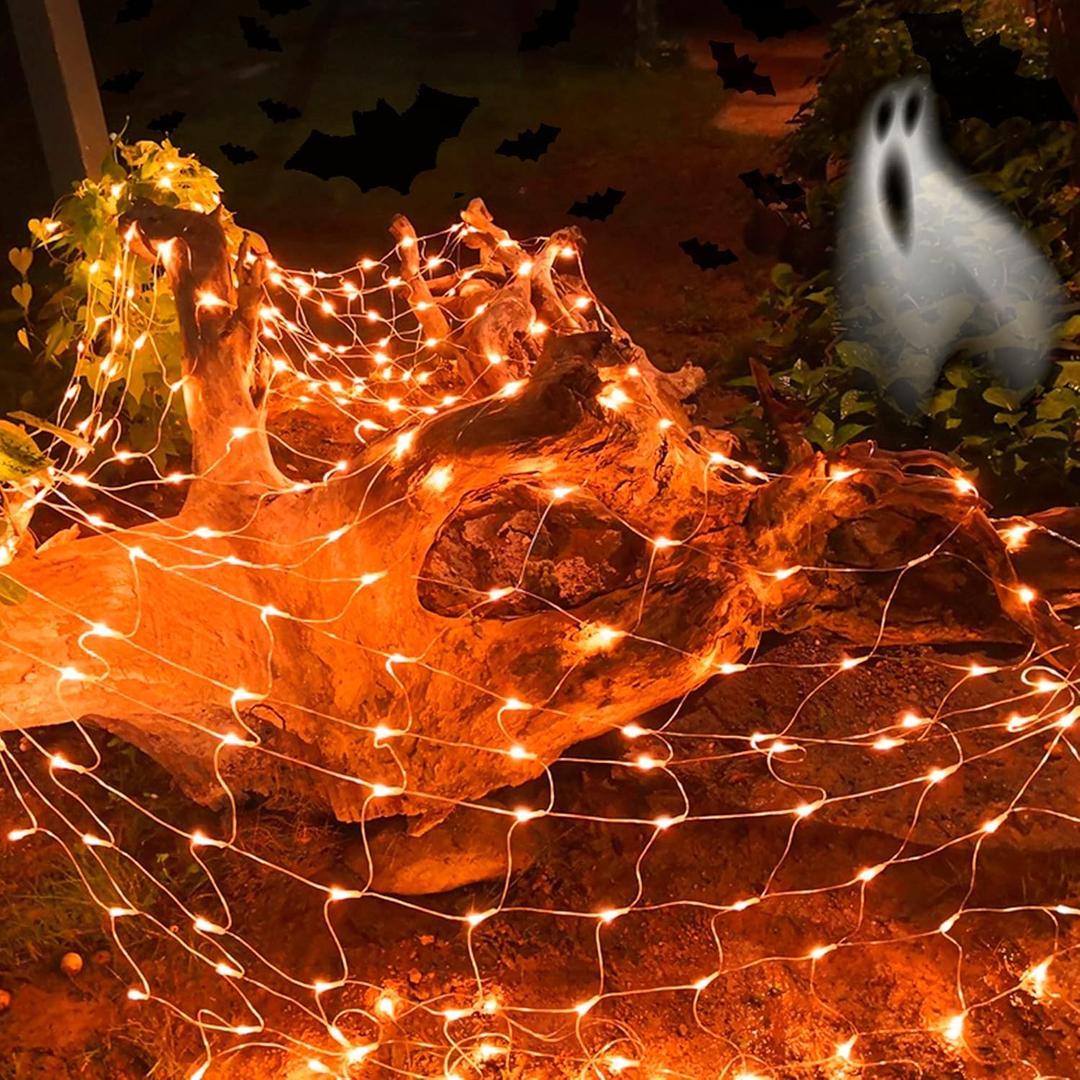 LJLNION Halloween Net Lights, 360 LED 12ft x 5ft Connectable Mesh Fairy String Lights,8 Modes Low Voltage Safe Adaptor for Xmas Trees, Bushes, Wedding, Outdoor Garden Decorations, Orange