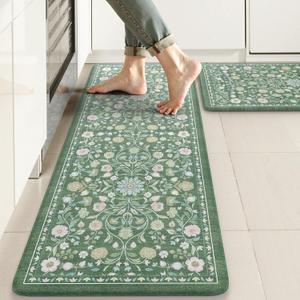 KIMODE Comfort Kitchen Mats for Floor Cushioned Anti Fatigue,Farmhouse Floral Spring Kitchen Rugs Sets of 2 Non Slip,Memory Foam Standing Carpet for Laundry Sink Office,Green (17.3" x 47 "+ 17.3" x 29 "-0.47 inches)