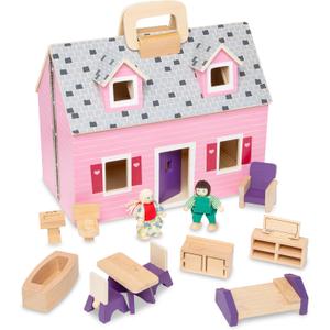 Melissa & Doug Fold & Go Wooden Dollhouse with 2 Dolls and 11 Pieces of Furniture - Portable Mini Doll House with Accessories and Toy Figures, Ages 3+