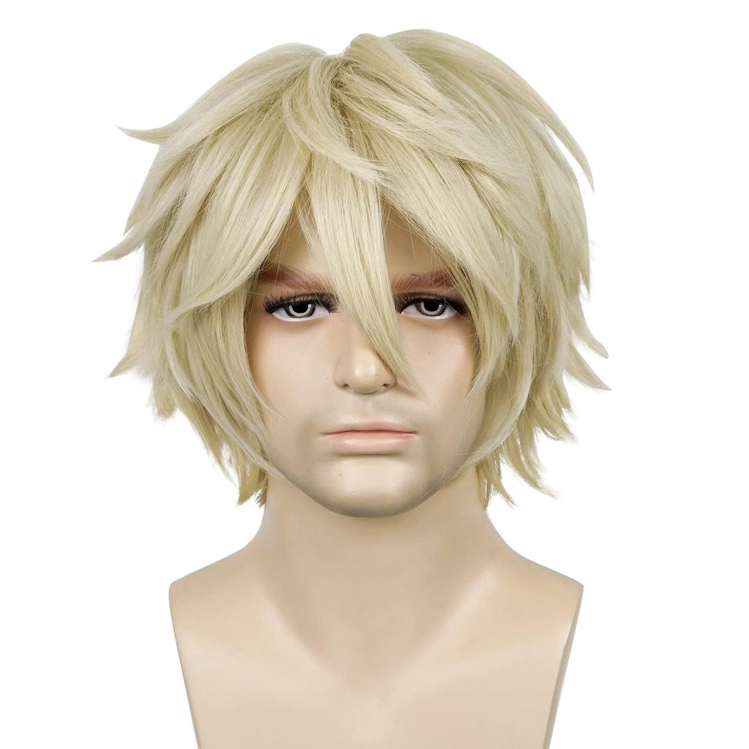 LABEAUT Short Blonde Wig Male Men, Anime Fluffy Golden Cosplay Anime Wigs With Bangs Unisex Heat Resistant Hair for Party Halloween + Free Cap