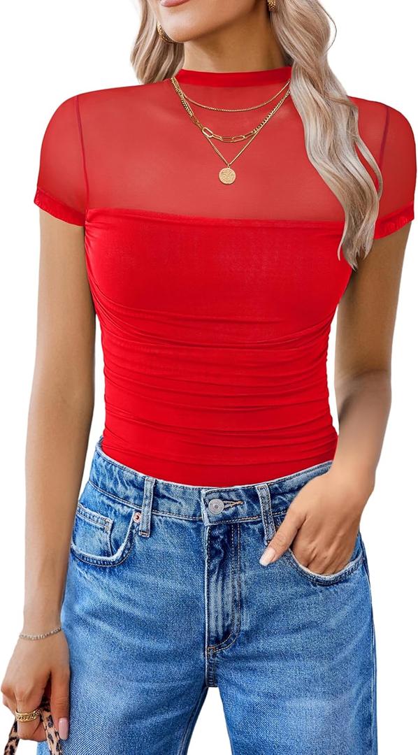 Avidlove Women's Short Sleeve Bodysuit Turtle Neck Body Suits Mesh One Piece Leotard Going Out Tops Date Outfits (Medium, Red)