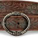 BC Belts Distressed and Embossed Brown Teal Leather Belt with Rhinestone Ring Buckle - Vintage Western Style for Women (Medium (30-32" Waist))