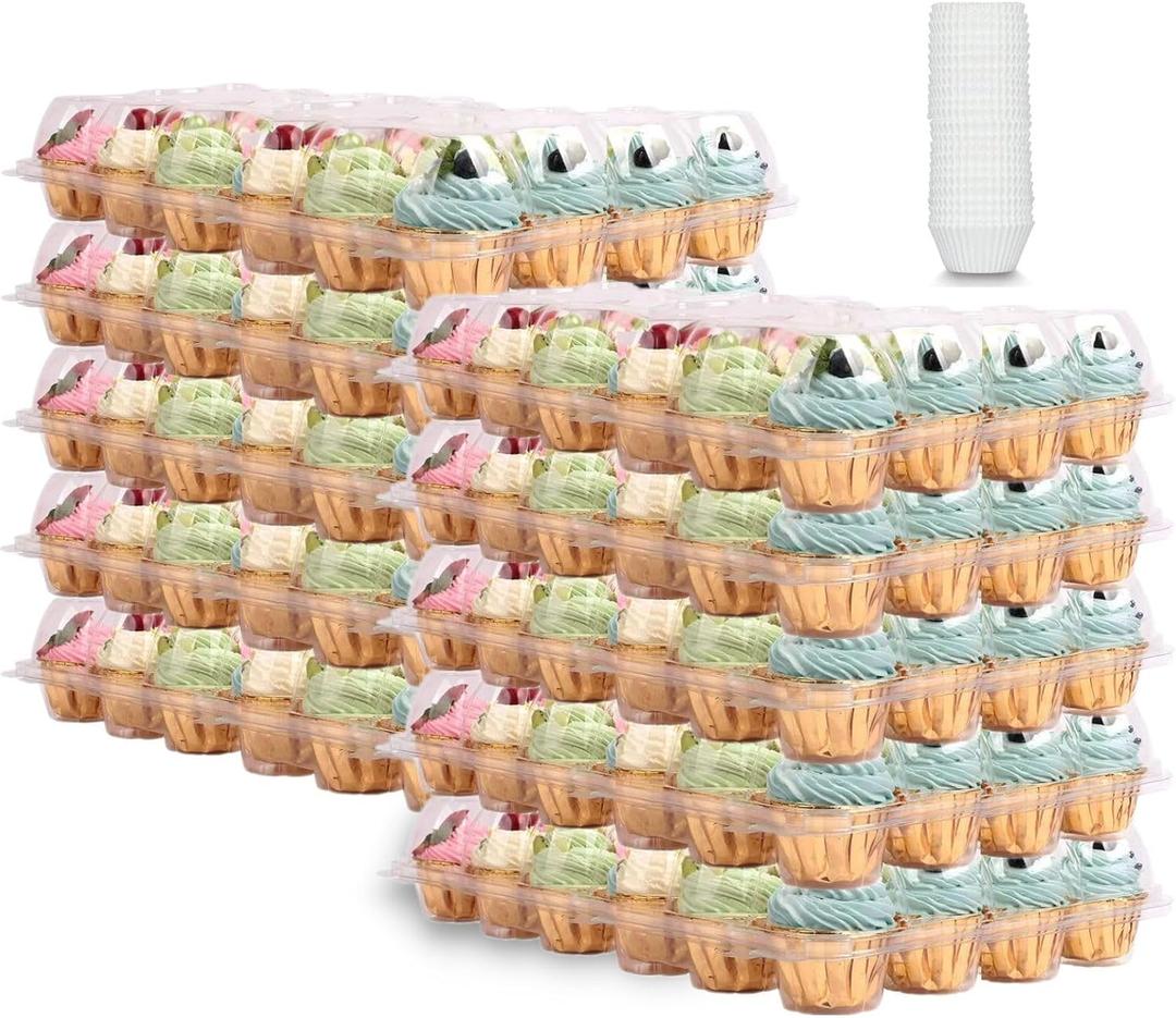 (24 Pack x 10 Sets) Stackable Cupcake Carrier Holders with 240 Pack Cupcake Liners, Plastic Cupcake Boxes Holders for 24 Cupcakes, Clear Cupcake Trays, High Tall Dome Lid Cupcake Containers