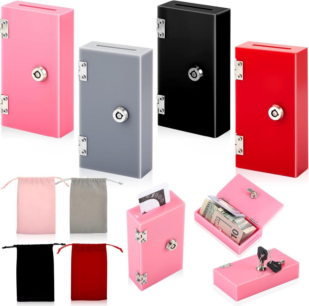 CroBlissful 4 Sets Money Bank Acrylic Box for Gambler Winner Bank Portable Safe Casino Money Box Gift for Gambler Winners Christmas with Key with Velvet Bag to Stop Addictive Urges Grey Black Red Pink