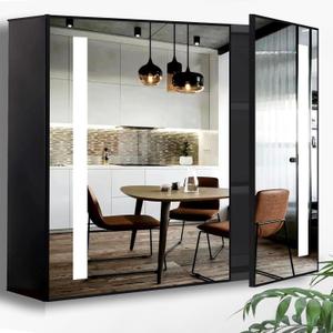 28 x 32 Inch Black Led Medicine Cabinet Mirror with Lights for Bathroom Lighted Medicine Cabinet with Mirror and Light Storage Smart Memory 3 Color Dimmable Front Lit Anti-Fog Double Door