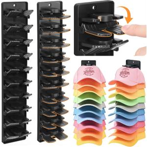 VanlonPro Baseball Caps Organizer 2 Pack with Built-in Spring Clips - Wall Hat Rack for Door & Closet - Multi-layer Hat Storage Display Holder (Strong Adhesive & Screws) - Black