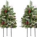 30 Inch Outdoor Christmas Tree Frosted Urn Filler 2 Set, Pre-lit Artificial Xmas Tree with 50 LED Lights, Realistic Carolina Pine and Berries for Pathway, Porch, Driveway, Yard (White)