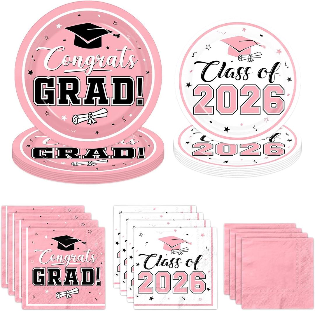 Graduation Party Plates and Napkins Pink Class of 2026 Grad Congrats Party Supplies Disposable Dessert Paper Plates Cocktail Napkins for Graduation Party Decorations, Serve 50
