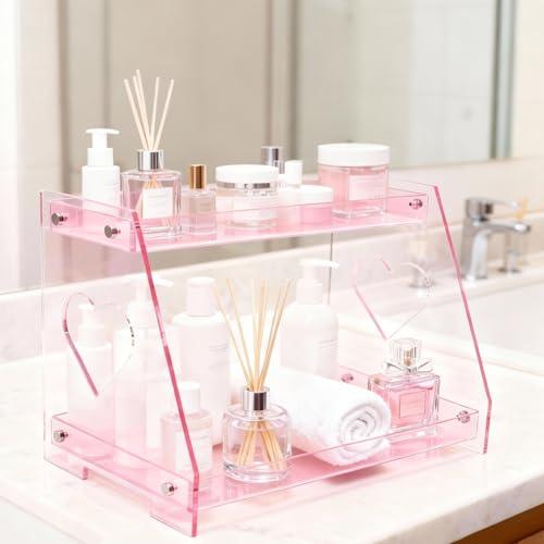 ROYALITA 2 Tier Pink Heart Bathroom Countertop Organizer Display Shelf, Acrylic Tray Makeup Perfume Storage Organizer for Dresser Vanity, Spice Rack, Skincare, Coffee Bar, Valentine's Day