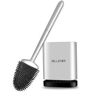 Sellemer Toilet Brush and Holder Set - Flexible Toilet Bowl Brush Head with Silicone Bristles, Compact Size for Storage and Organization, Ventilation Slots Base (1 Pack, Silver)