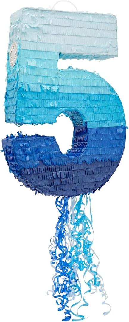 Ombre Blue Number 5 Pull String Pinata, Party Game for Kids, 16.5 X 11.6 In Fillable Hanging Decoration for 5th Birthday Decorations for Boys Girls, Holds Candy, Toys, Confetti