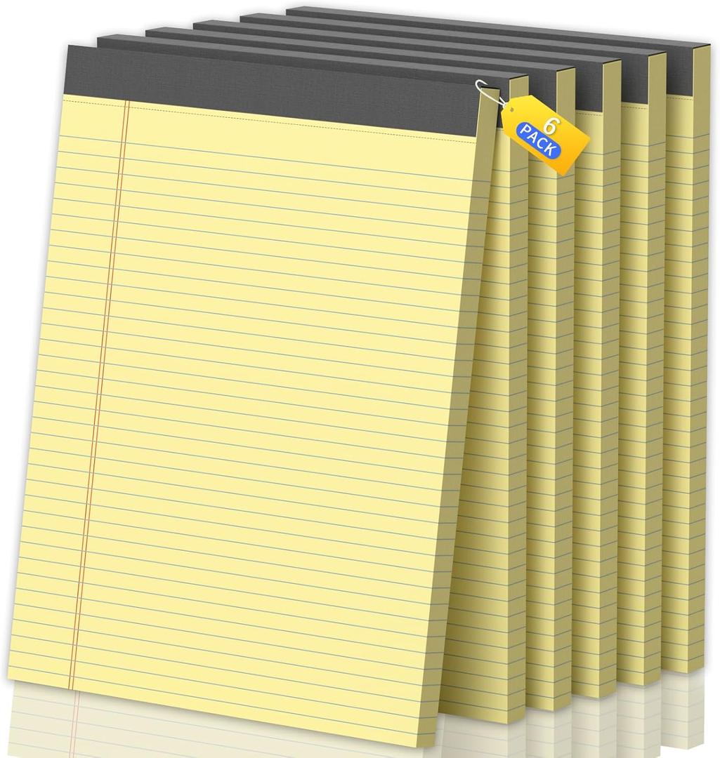 6 Pack Legal Pads 8.5 X11, College Ruled Notebook, 300 Sheets Yellow Note Pad, Writing Pads 8.5x11, Tear Off Notepad, Lined Paper, Notebook Paper for Office Home School, 50 Sheet/Pad