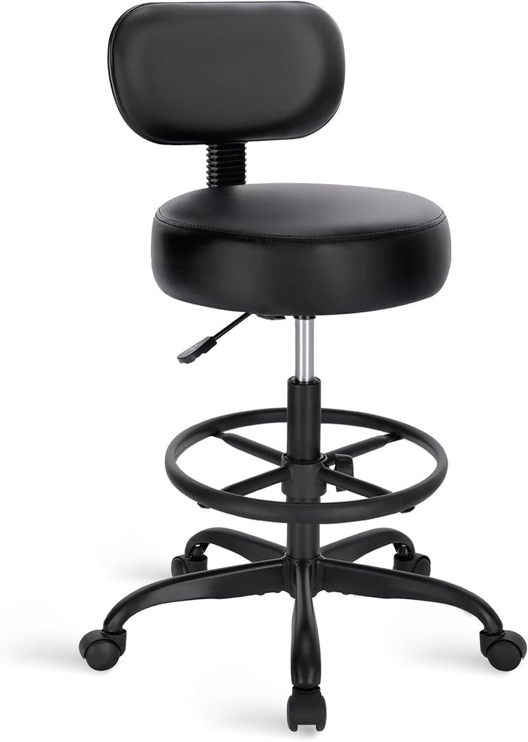 SUPERJARE Drafting Chair with Back, Adjustable Foot Rest Rolling Stool, Multi-Purpose Office Desk Chair, Thick Seat Cushion for Home Bar Kitchen Shop - All Black