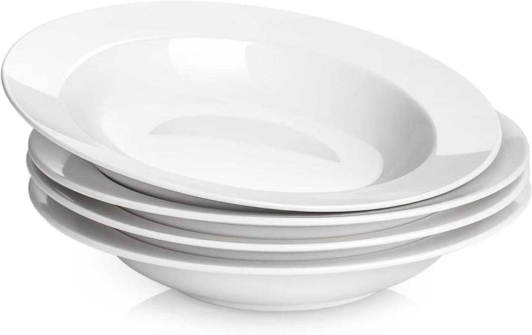 Y YHY Soup Bowls, Pasta Bowls Set of 4, White Salad Bowls and Plates, 20 Ounces Porcelain Wide Rim Bowls, Microwave and Dishwasher Safe, Christmas Gift (9.5 Inch-20 oz)