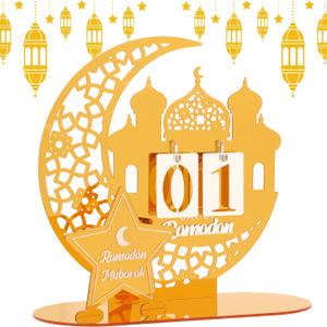 DPKOW Golden Ramadan Advent Calendar Gifts Ramadan Decorations for Home, Acrylic Crescent Mosque Countdown Calendar with Number Plates for Islamic Muslim Party Table Decor Moon Tabletop Decorations
