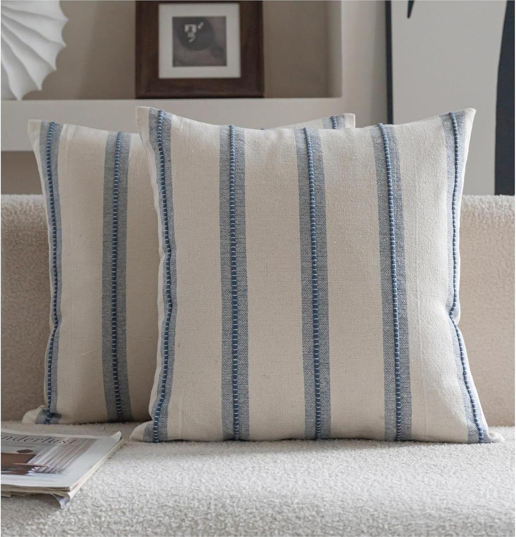 Cethom Boho Throw Pillow Covers 18x18 Set of 2, Beige and Blue Striped Decorative Pillow Cases for Couch Chair Bed, Textured Farmhouse Accent Cushion Covers for Living Room Bedroom Sofa Home Decor