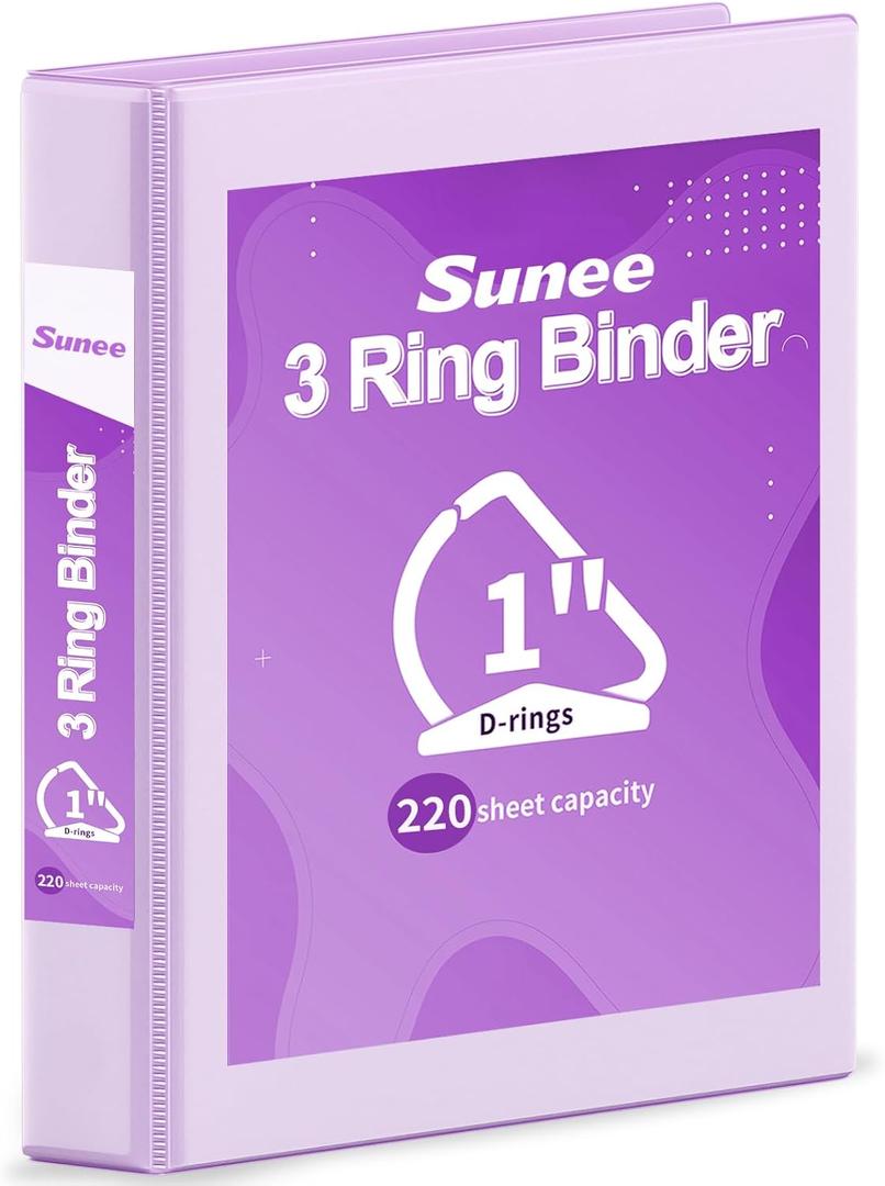 SUNEE 3 Ring Binder 1 Inch D Ring, Clear View Binder Three Ring PVC-Free (Fit 8.5x11 Inches) for School or Office Supplies, Light Purple, 1 Pack