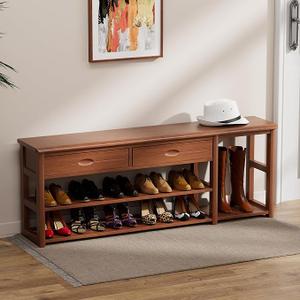 ZZV 47" Solid Wood Shoe Bench with 2 Drawers, Entryway Bench with Shoe Storage, Shoe Rack Bench Holds up to 650 lbs for Entryway Bedroom Living Room Hallway, 11.8 x 47.2 x 20.4 Inches, Walnut
