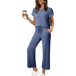 SHEWIN Women Casual Two Piece Sets Ribbed Knit Outfits Airport Pant Clothes 2026, L