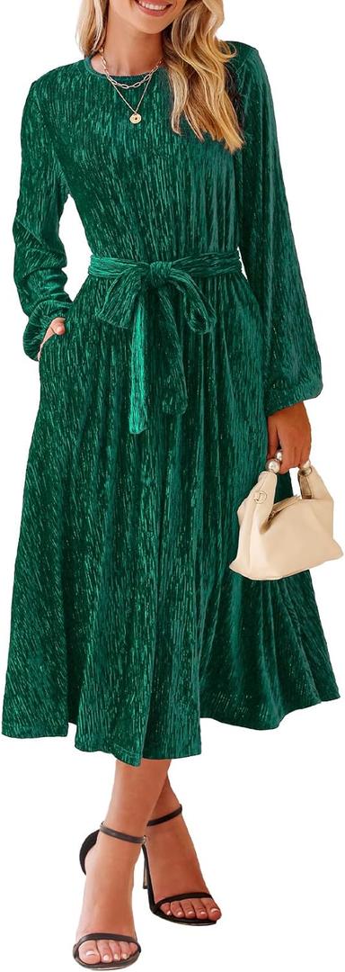 Happy Sailed Women's Velvet Dress Fashion Fall Winter Long Sleeve High Waist A-Line Semi Formal Wedding Guest Dresses (XS, Green)