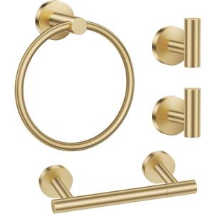 Lairuier Brushed Gold Towel Holder Set Include Double Bases Toilet Paper Holder,Towel Ring and 2 Towel Hooks Stainless Steel Wall Mounted Bathroom Hardware Accessories Set