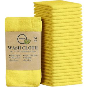 100% Cotton Washcloths 24 Pack (12x12 Inches) Soft, Highly Absorbent Washcloth, Face Towels, Wash Cloths for Face, Ring Spun, Bulk Pack (Yellow)