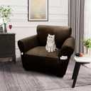 Single Sofa Cover Leather Look Chair Covers for Living Room 1-Piece Sofa Chair Covers with Arms Stretch Furniture Protector with Elastic Bottom & Pockets(Armchair, Coffee)