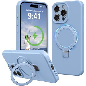 Compatible with iPhone 14 Pro Max Case Stand, Slim Full Camera Protection Liquid Silicone Phone Case Suitable for iPhone 14 Pro Max Compatible with MagSafe Ring Magnet Kickstand, Light Blue