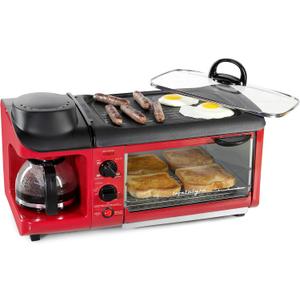 Nostalgia 3-in-1 Breakfast Station - Includes Coffee Maker, Non-Stick Griddle, and 4-Slice Toaster Oven - Versatile Breakfast Maker with Timer - Red