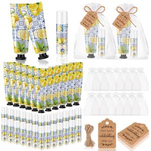 24 Sets Lemon Hand Cream and Lip Balm Gift Lemon Bridal Baby Shower Party Supply Travel Size Hand Lotion and Lip Balm Bulk with Organza Bag and Tag Wedding Baby Shower Party