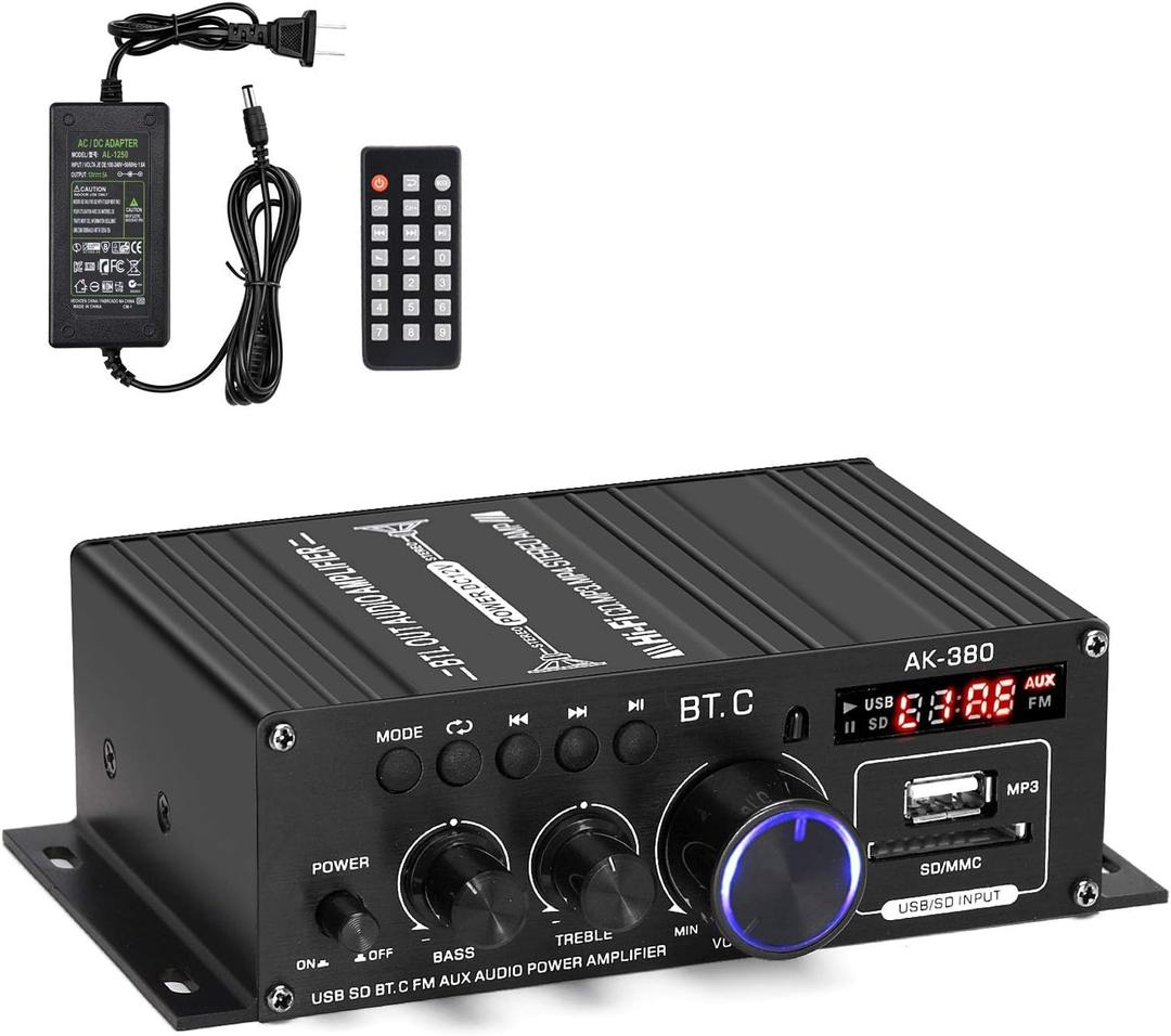 AK-380 Bluetooth 5.0 Home Audio Amplifier, Max 400W+400W 2.0CH HiFi Stereo With 12V 5A Power Supply, Wireless Receiver With USB SD BT.C FM AUX for Car Home Bar Garage