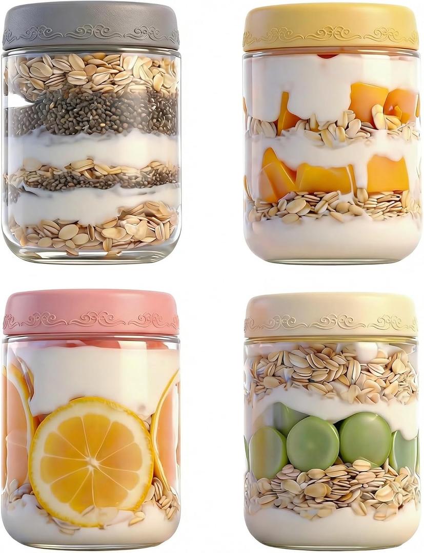 GLATABAM 16 OZ 4Pack, Overnight Oats Jars with Lids, Glass Meal Prep Containers, Airtight Mason Jars for Breakfast, Yogurt Parfait, Salad & Smoothies, Leakproof and Reusable Food Storage Jars(4-2)