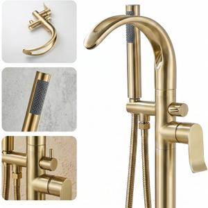 Freestanding Bathtub Faucet Stand Alone High Flow Brass Brush Gold Tub Filler, Free Standing Unique Bath Tub Faucet with Sprayer, Tub Shower Faucet Set (BG-Waterfall)