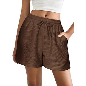 Ekouaer Womens Pajama Shorts Textured Casual Lounge Short Elastic Waist Pj Shorts Sweatsuits with Pockets 2025,Brown, XL