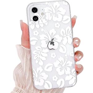Lovmooful Compatible for iPhone 11 Case Cute Clear Hibiscus Flower Floral Aesthetic Printed Design for Girls Women Soft TPU Shockproof Protective Girly for iPhone 11-White