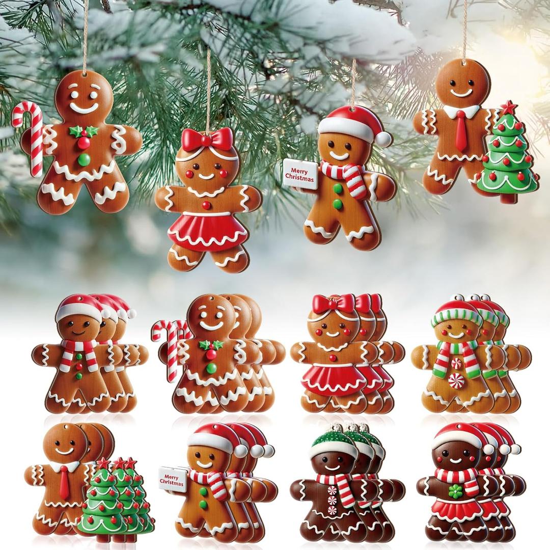 24 Pcs Gingerbread Man Ornaments for Christmas Tree Cute Wooden Hanging Gingerbread Figurines Ornaments Christmas Tree Decoration for Home Kitchen Holiday DIY Craft Party, 3.94'' Tall