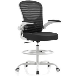 Ergonomic Drafting Chair, Tall Office Chair with Flip-up Armrests, Breathable Mesh High Desk Chair with Lumbar Support Adjustable Footrest Ring for Standing Desk Grey Black