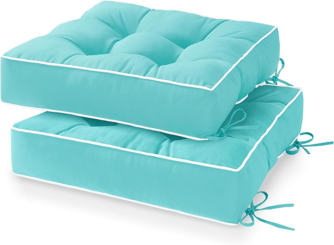 HARBOREST Outdoor Chair Cushions Set of 2, Tufted Patio Chair Cushions with Ties, Square Corner Outdoor Cushions for Patio Furniture, Lawn Chairs, Wicker Chairs, 19" x 19" x 5", Teal